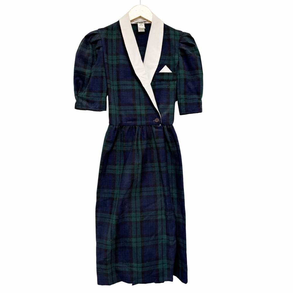 Vintage 80s Pea Patch Black Watch Plaid Puff Sleeve Dress Sz XS